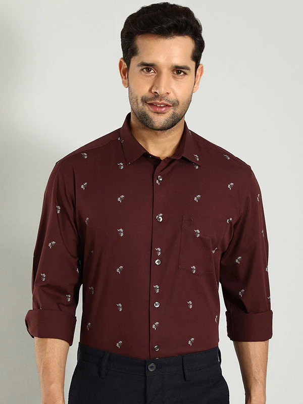 Indian Terrain Men's Regular Fit Full Sleeve Floral Print Brown Shirt